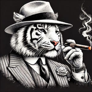 Tigre Bianca come Boss della Mafia d'Epoca / Poster Divertente in Stile Acquerello / Carta Semi-Lucida di Qualità Museale /