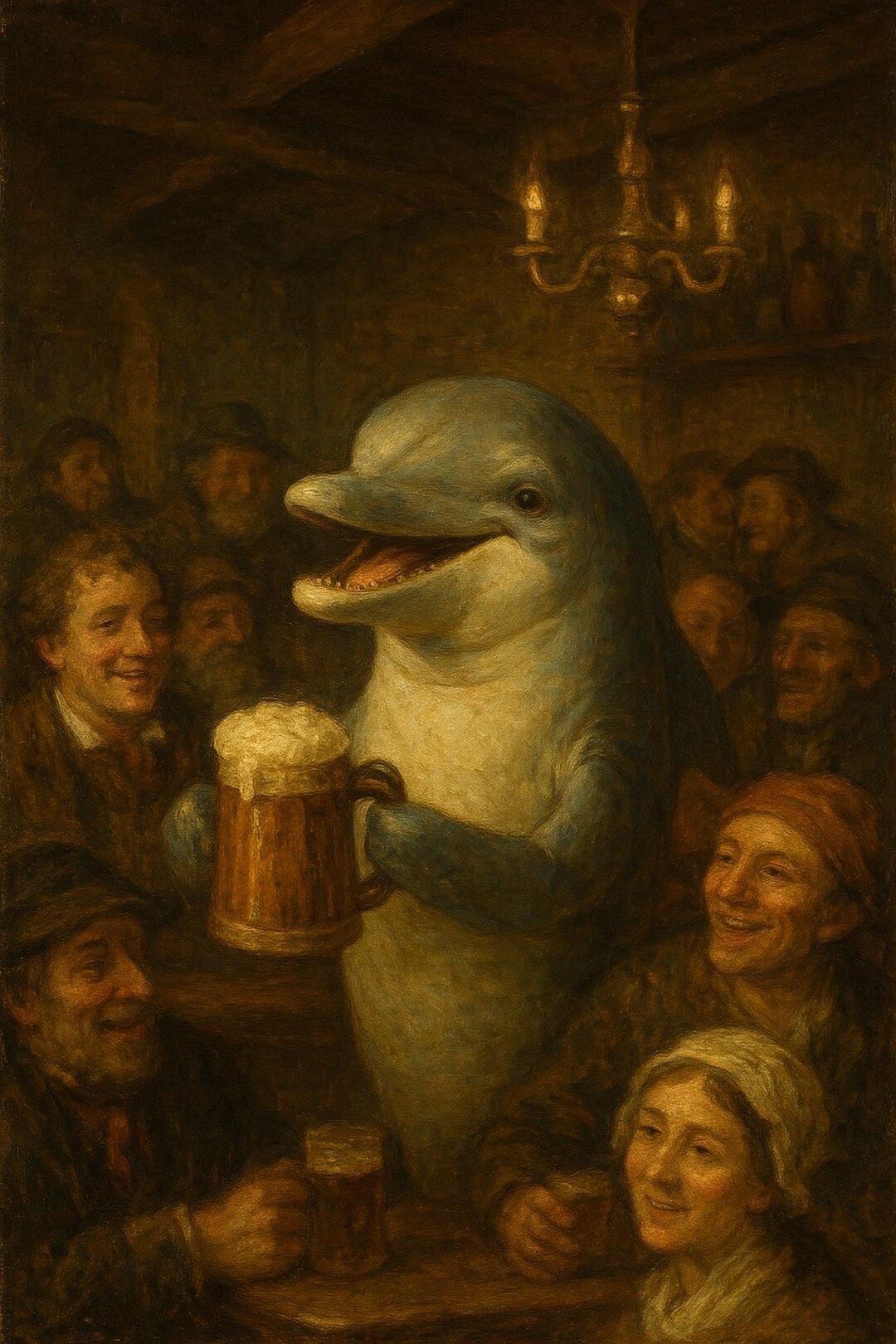 Happy Dolphin Drinking Beer in A Bar | Funny Beer Poster | Vintage Oil ...