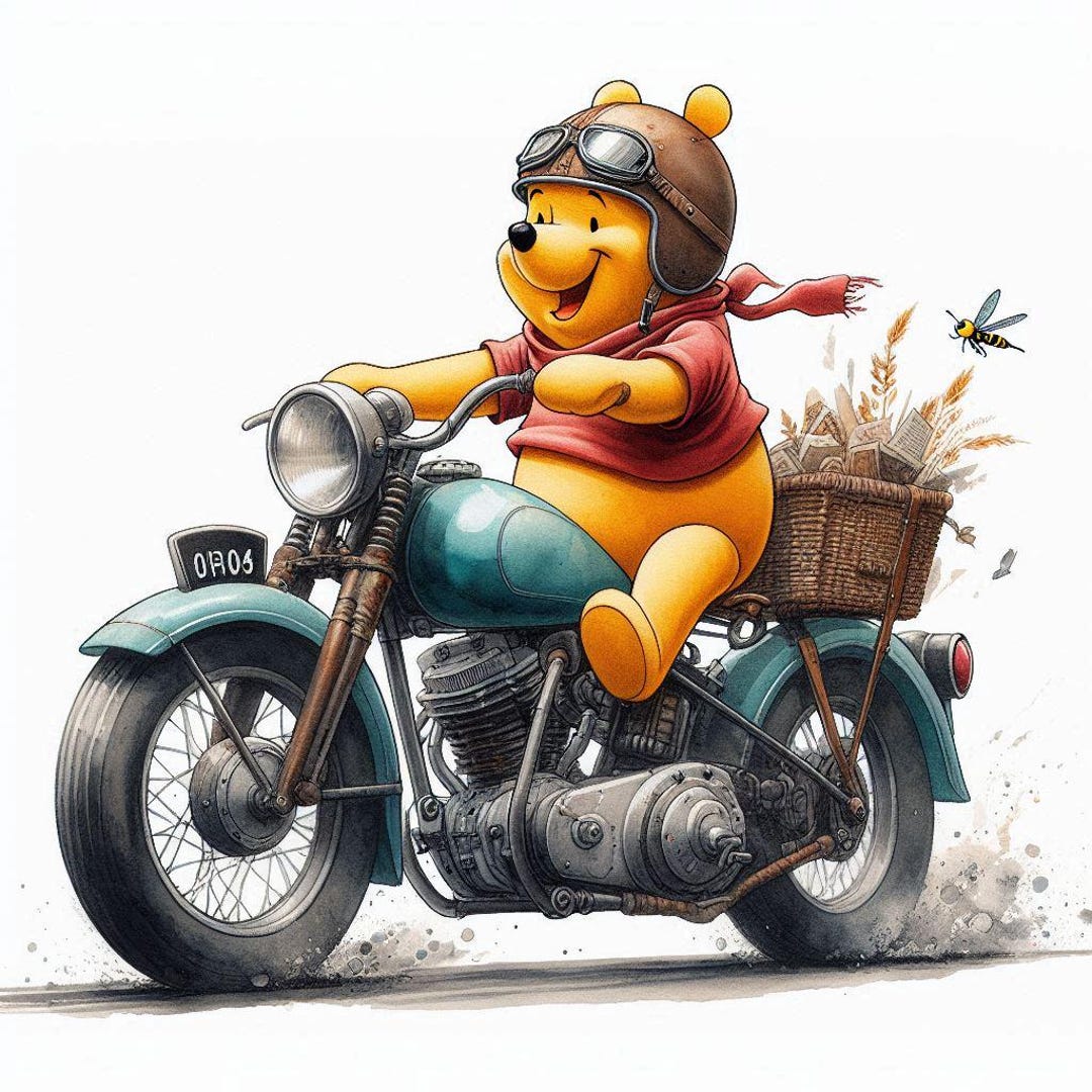Motorcycle Riders Pooh Winnie the Pooh on A Classic Motorcycle | Funny Poster in Watercolor ...