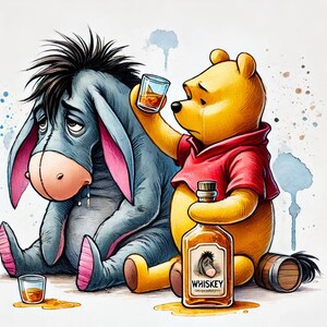 Winnie the Pooh consola il triste Ih-Oh con del whisky / Divertente poster in stile acquerello / Carta semilucida di qualità museale /