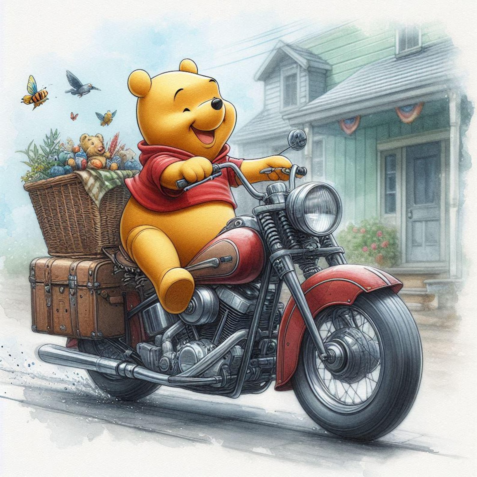 Motorcycle Riders Pooh Happy Winnie the Pooh Rides A Motorcycle | Funny Poster in Watercolor ...