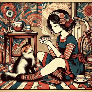Ragazza d'arte che si gode una tazza di tè con il suo gatto accogliente / Grazioso poster in stile acquerello / Carta semilucida di qualità museale / Regalo perfetto!