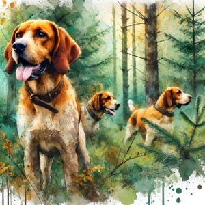 Perros de caza en el bosque / Póster en estilo acuarela / Papel semibrillante de calidad de museo / ¡Regalo perfecto!