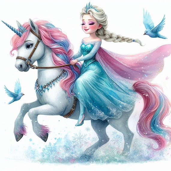 エルサがユニコーンに乗る - アナと雪の女王のポスター | 水彩画風の