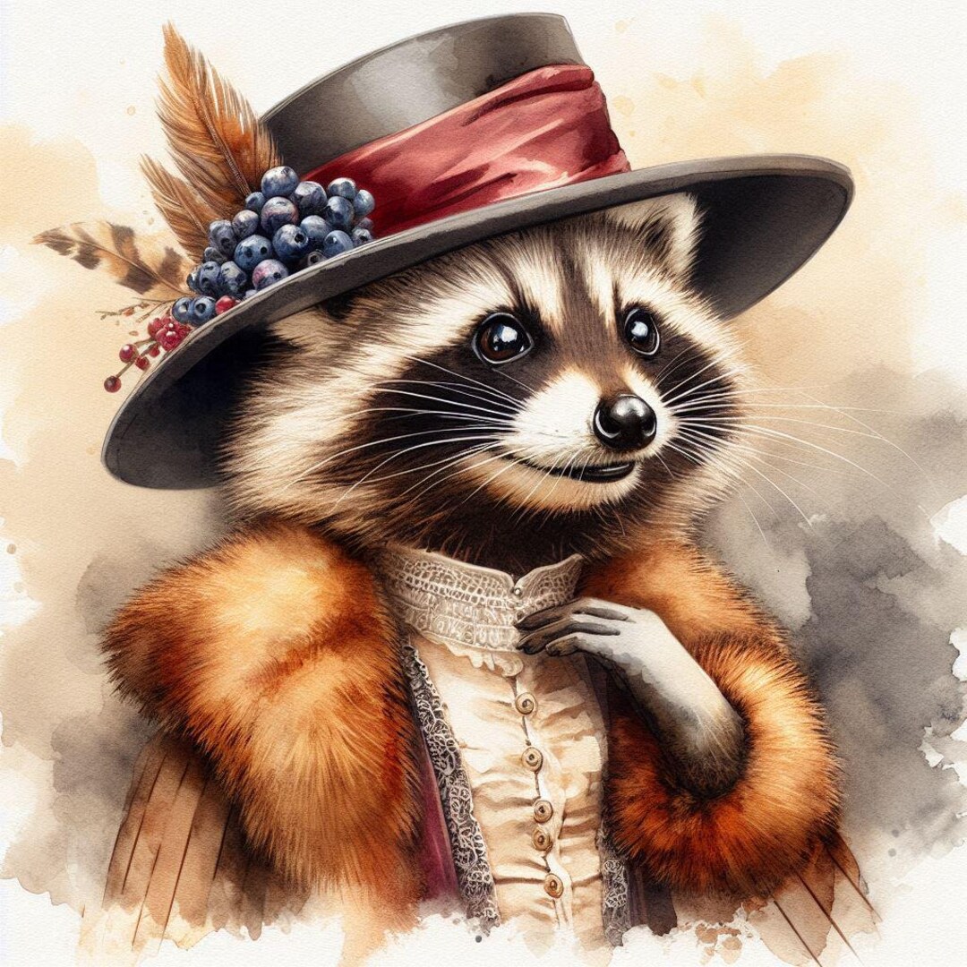 Cute Raccoon Lady Looking Retro and Fancy | Funny Poster in Watercolor ...