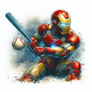 Homem de Ferro Jogando Beisebol - Pôster Esportivo Engraçado | Pôster Engraçado em Estilo Aquarela | Papel Semibrilhante de Qualidade de Museu |