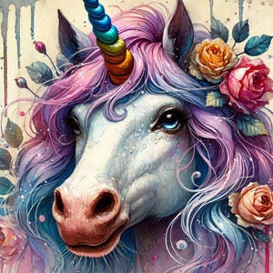 Poster Unicorno con Fiori / Poster in Stile Acquerello / Carta Semi-Lucida di Qualità Museale / Regalo Perfetto per la Decorazione della Casa