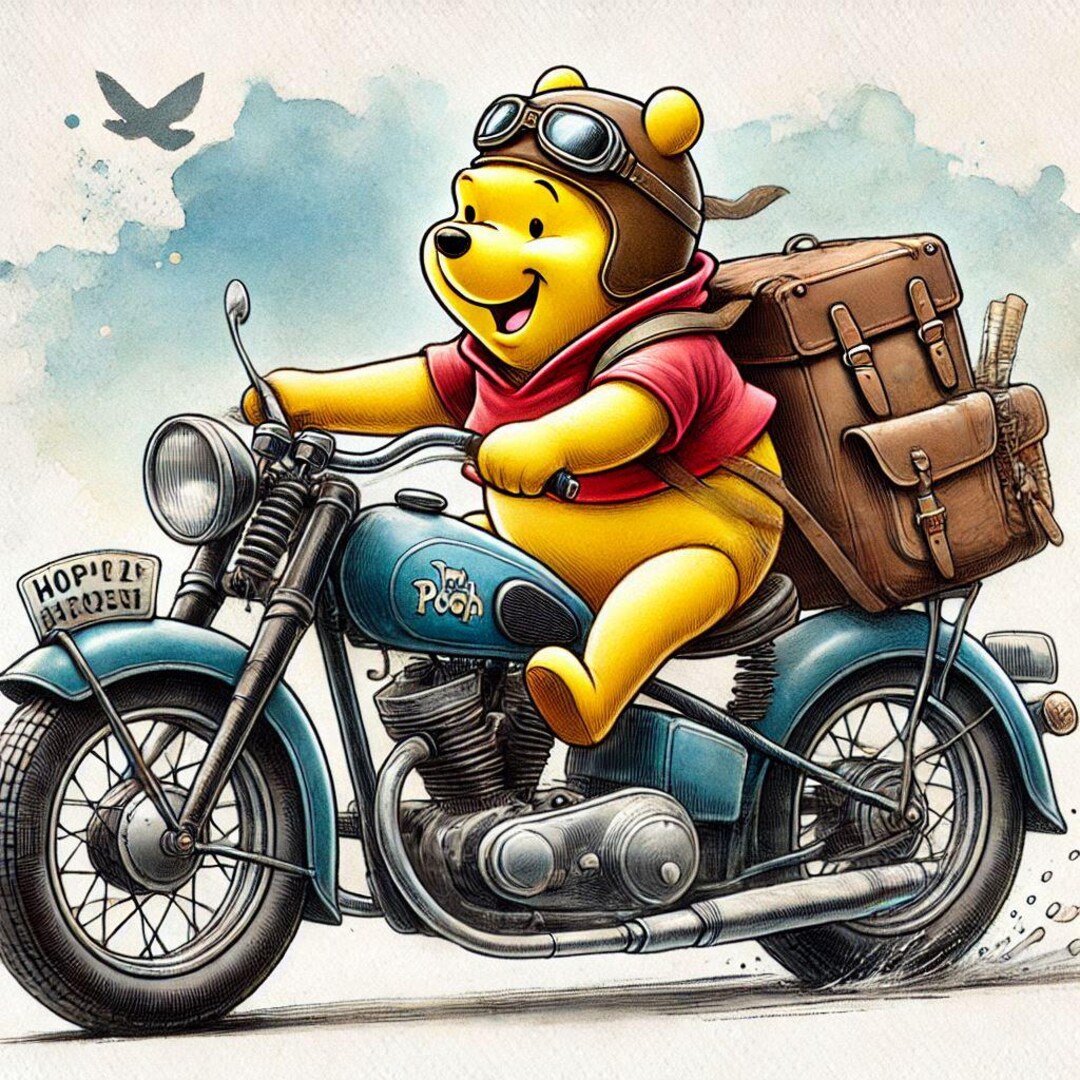 Motorcycle Riders Pooh Winnie the Pooh Riding His Motorcycle | Funny Poster in Watercolor ...