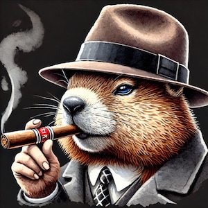 Una marmota con aspecto de jefe de gánster clásico con un puro / Póster divertido en estilo acuarela / Papel semibrillante de calidad de museo /