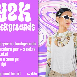 May include: A purple background with the text "Y2K Backgrounds" in a white, retro font. The image also includes details about the backgrounds, such as the number of backgrounds, recolors, and resolution. A person is wearing sunglasses and a white tank top.