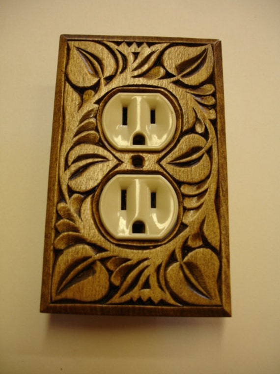 Items similar to Wall decor, single electric outlet cover plate, hand carved wood on Etsy
