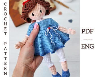 Crochet doll with a dress Pattern. Amigurumi doll. PDF. English.