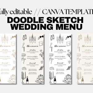 Puede incluir: Un conjunto de cuatro plantillas de men&uacute; de boda imprimibles con un estilo de boceto doodle. Los men&uacute;s presentan una l&aacute;mpara de ara&ntilde;a, una pajarita, zapatos y un sobre. El texto del men&uacute; dice "el men&uacute;" e incluye los encabezados "entrantes", "plato principal" y "postre".