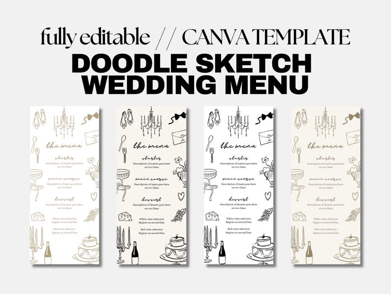 Puede incluir: Un conjunto de cuatro plantillas de men&uacute; de boda imprimibles con un estilo de boceto doodle. Los men&uacute;s presentan una l&aacute;mpara de ara&ntilde;a, una pajarita, zapatos y un sobre. El texto del men&uacute; dice "el men&uacute;" e incluye los encabezados "entrantes", "plato principal" y "postre".