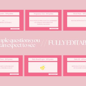 May include: Pink and white game cards with questions about pregnancy and babies. The cards include questions about baby lyrics, pregnancy tests, and baby brands. The text "sample questions you can expect to see // FULLY EDITABLE" is also visible.