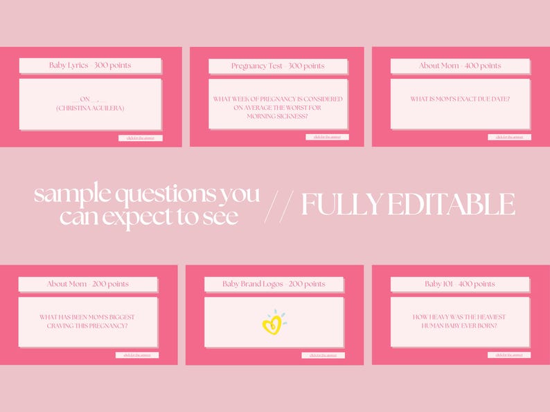 May include: Pink and white game cards with questions about pregnancy and babies. The cards include questions about baby lyrics, pregnancy tests, and baby brands. The text "sample questions you can expect to see // FULLY EDITABLE" is also visible.