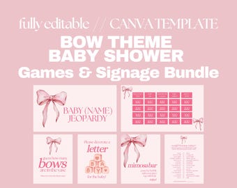 Paquete de juegos para baby shower de niña: Tema de lazo, Jeopardy y concurso para mamás (Canva editable, descarga digital)