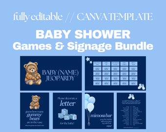 Boy Baby Shower Game Bundle: Jeopardy, Mommy Quiz, Signs (Editable Canva Template, Digital Download