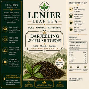 May include: A rectangular package of Lenier Leaf Tea, Darjeeling 2nd Flush TGFOP1, featuring a black and cream design. The front displays a mountain tea garden illustration, a pile of loose black tea leaves, and brewing instructions for 1 tsp.