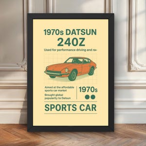 Póster retro del Datsun 240Z de los años 70: arte mural de un deportivo japonés clásico para garaje, estudio o oficina. Impresión de autos vintage asequible.