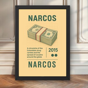 Narcos-poster – retrobeige muurkunst geïnspireerd op kartelthema's en misdaadmacht, minimalistische tv-serieprint voor fans van grimmige drugsdrama's
