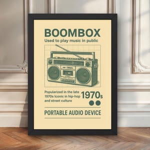 Póster de radiocasete retro, arte mural musical vintage, impresión de la cultura hip hop de los 70, decoración de estéreos de la vieja escuela, arte de radio portátil, regalo para amantes de la música.