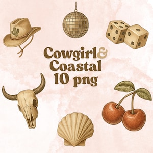 Western Beach Doodle Clipart Bundle PNG | Cowgirl Summer Aesthetic | Hand Drawn Coastal Boho Line Art | Digital Download