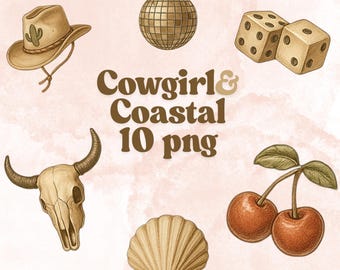 Paquete de imágenes prediseñadas de doodle de playa occidental PNG / Estética de verano de vaquera / Arte lineal bohemio costero dibujado a mano / Descarga digital