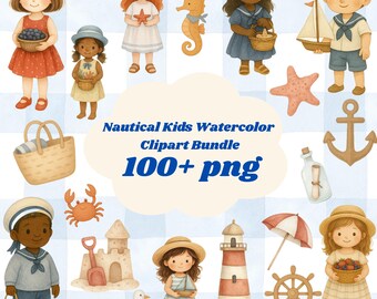 Más de 100 imágenes PNG de acuarela náutica: niños costeros, animales marinos, barcos, anclas, arte playero de verano, sublimación de baby shower con estilo cottagecore