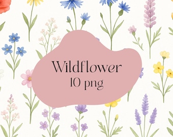 Borde de flores silvestres en acuarela PNG, paquete de imágenes prediseñadas florales botánicas, descarga digital de flores de primavera para invitaciones, manualidades y decoración.