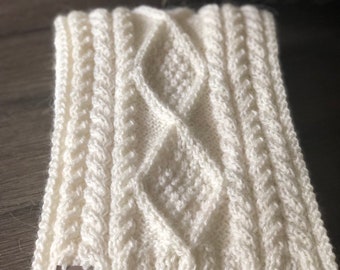 Beautiful pure wool cable knit scarf, off white wool scarf, cable knit mens scarf.