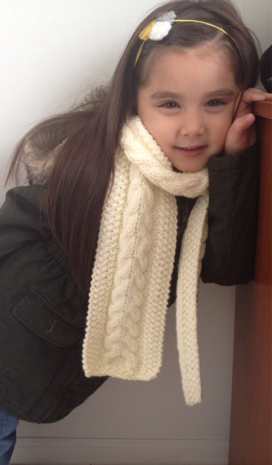 Baby Girls Scarf, Girls Hand Knitted Scarf, Cable Knit Scarf