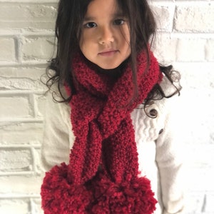 Little girls scarf with oversized pom poms, ruby red scarf for girls, scarf with pom poms