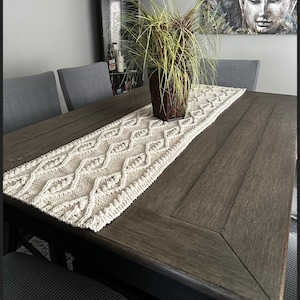 Hand Knitted Cable Knit Cotton Table Runner: Beige Dining Decor
