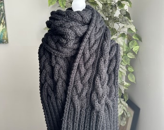 Luxurious hand knitted super chunky scarf for men, cable knit bulky scarf, black thick wool scarf, chunky  oversized scarf