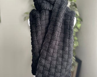 Luxurious hand knitted chunky scarf for men, cable knit bulky scarf, black thick wool scarf, chunky  oversized scarf