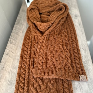 Hand knitted men’s scarf, Luxurious soft wool blend scarf, Celtic cable knit scarf, brown color scarf, hand knitted wool scarf READY TO SHIP