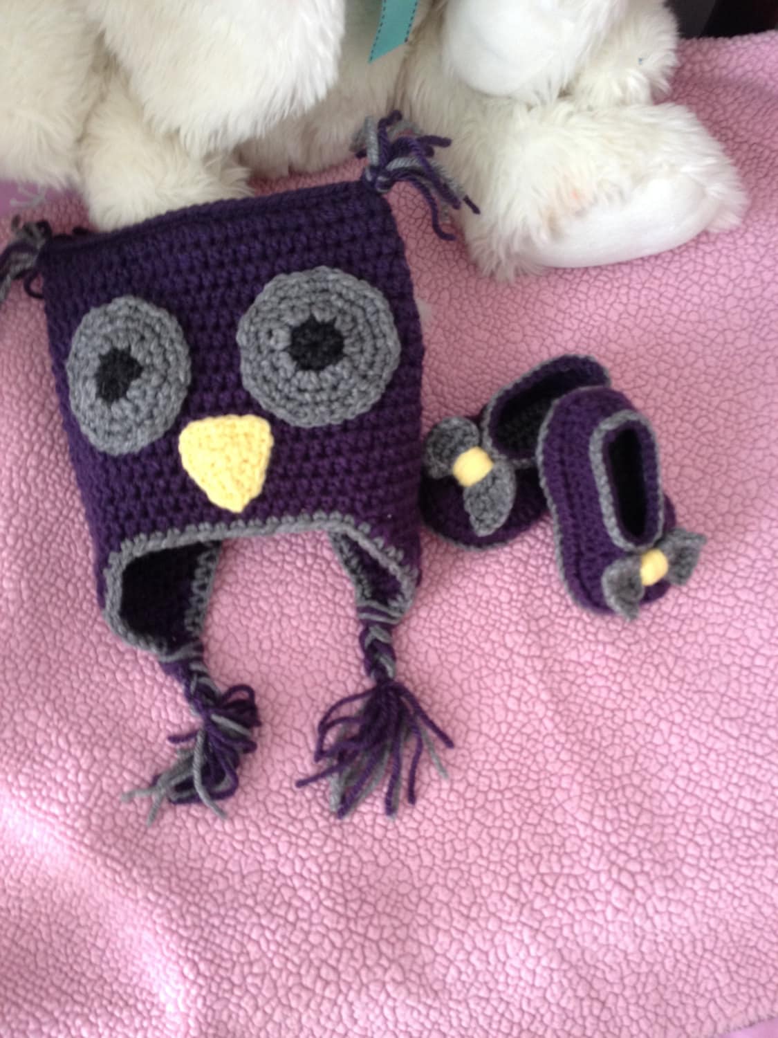 Crochet Owl Hat and Booties Set: Purple Baby Girl Gift