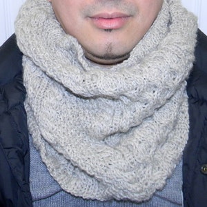 Mens cowl, pure wool scarf, cable knit infinity scarf, oatmeal pure wool