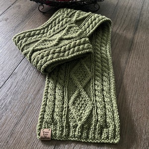 Hand knitted men’s scarf, gorgeous pure wool cable knit scarf, olive green wool scarf, cable knit olive green scarf