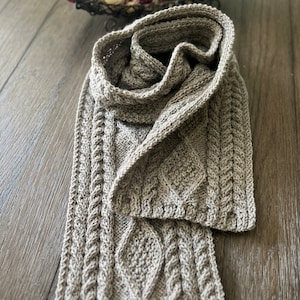 Hand knitted men’s scarf, men’s  wool scarf, cable knit wool scarf , oatmeal color wool, Peruvian wool scarf READY TO SHIP