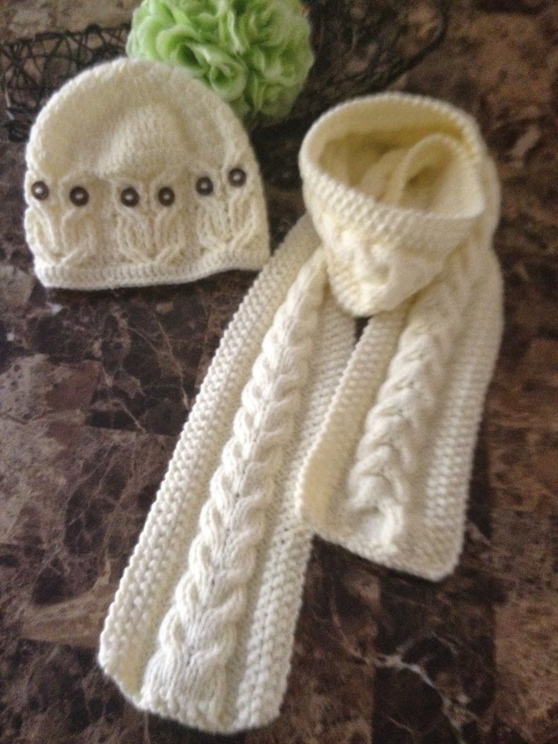 Crochet Owl Hat and Cable Knit Scarf Set, Ivory Baby Girls