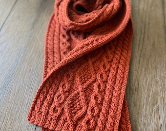 Luxurious merino wool blend scarf, gorgeous cable knit scarf, burnt orange color scarf, hand knitted merino wool scarf