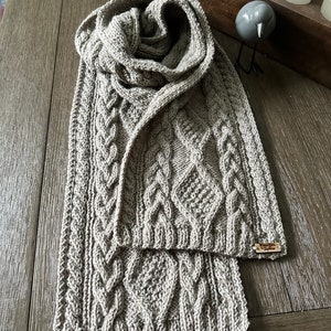 Hand knitted men’s scarf, Peruvian wool hand knitted scarf, cable knit wool scarf, natural color wool, cable knit scarf