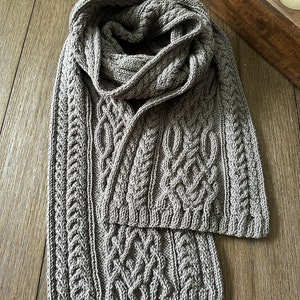Hand knitted men’s scar fLuxurious merino wool blend cable knit scarf, Celtic cable knit scarf, grey wool scarf,  hand knitted scarf