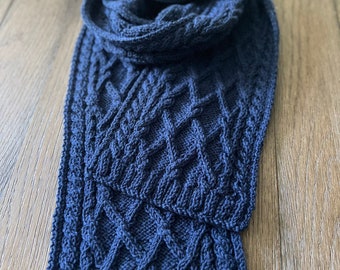 Luxurious merino wool blend scarf, hand knitted navy blue wool scarf, cable knit merino wool scarf