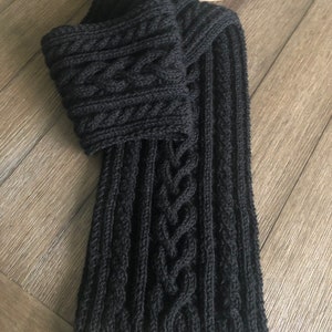 Gorgeous pure wool cable knit scarf, 100 percent wool hand knitted scarf, black wool scarf