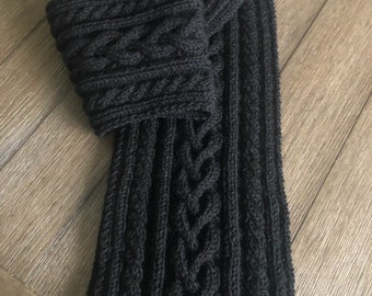 Gorgeous pure wool cable knit scarf, 100 percent wool hand knitted scarf, black wool scarf