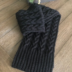 Luxurious wool cable knit scarf, pure wool hand knitted scarf, black wool cable knit scarf