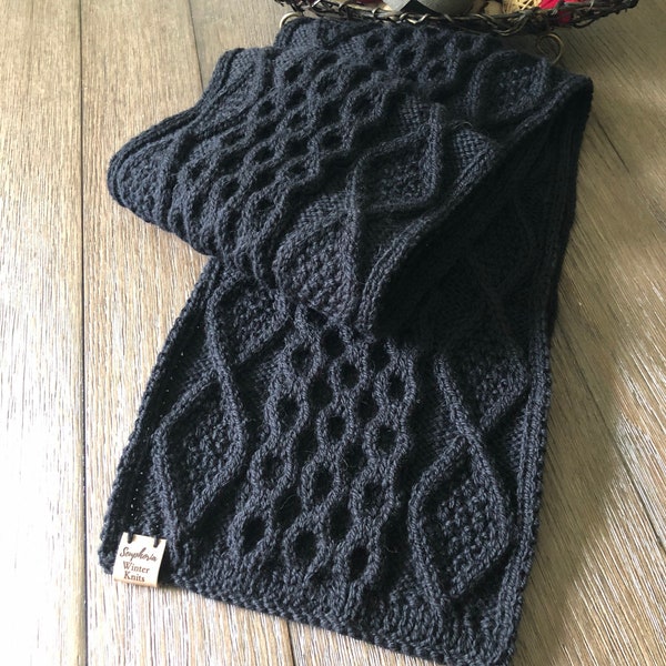 Gorgeous irish cable knit scarf, men's black cable knit scarf, black wool scarf for men